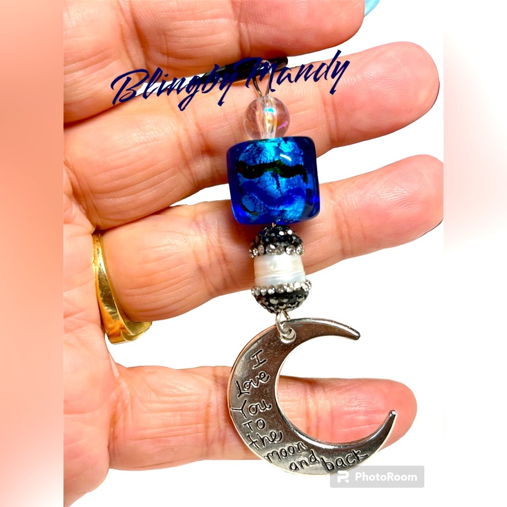 Love you to the moon and back keychain with murano glass bead accent